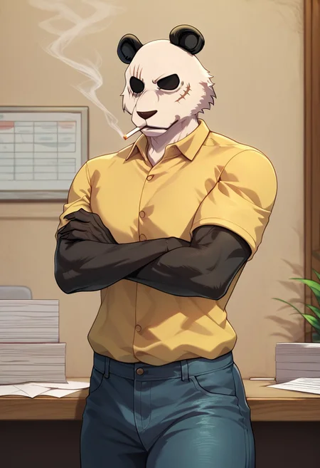 score_9_up, score_8_up, score_7_up, Masterpiece, best quality, high quality, detailed, male, solo male, 1boy, GohinBeastars, anthro, panda, mature male, animal ears, black and white fur, black ears, black eyes, black sclera, muscular male, scars, athletic build, wide hips, thick thighs, indoors, looking at viewer, standing, yellow shirt, jeans, half body, smoking a cigarette, office, arms crossed