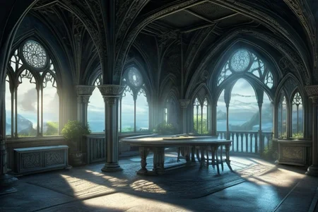 RAW photo, masterpiece, subsurface scattering, heavy shadow, high quality, intricate, high detail, professional photography, HDR, High Dynamic Range, realistic, ultra realistic, photorealistic, high resolution, film photography, ambient lighting, atmospheric effects, <lora:detail_slider_v4>, OverallDetail, <lora:ElvenInterior>, arch, clock, cloud, elfint, indoors, light rays, no humans, pillar, plant, scenery, sky, table, window