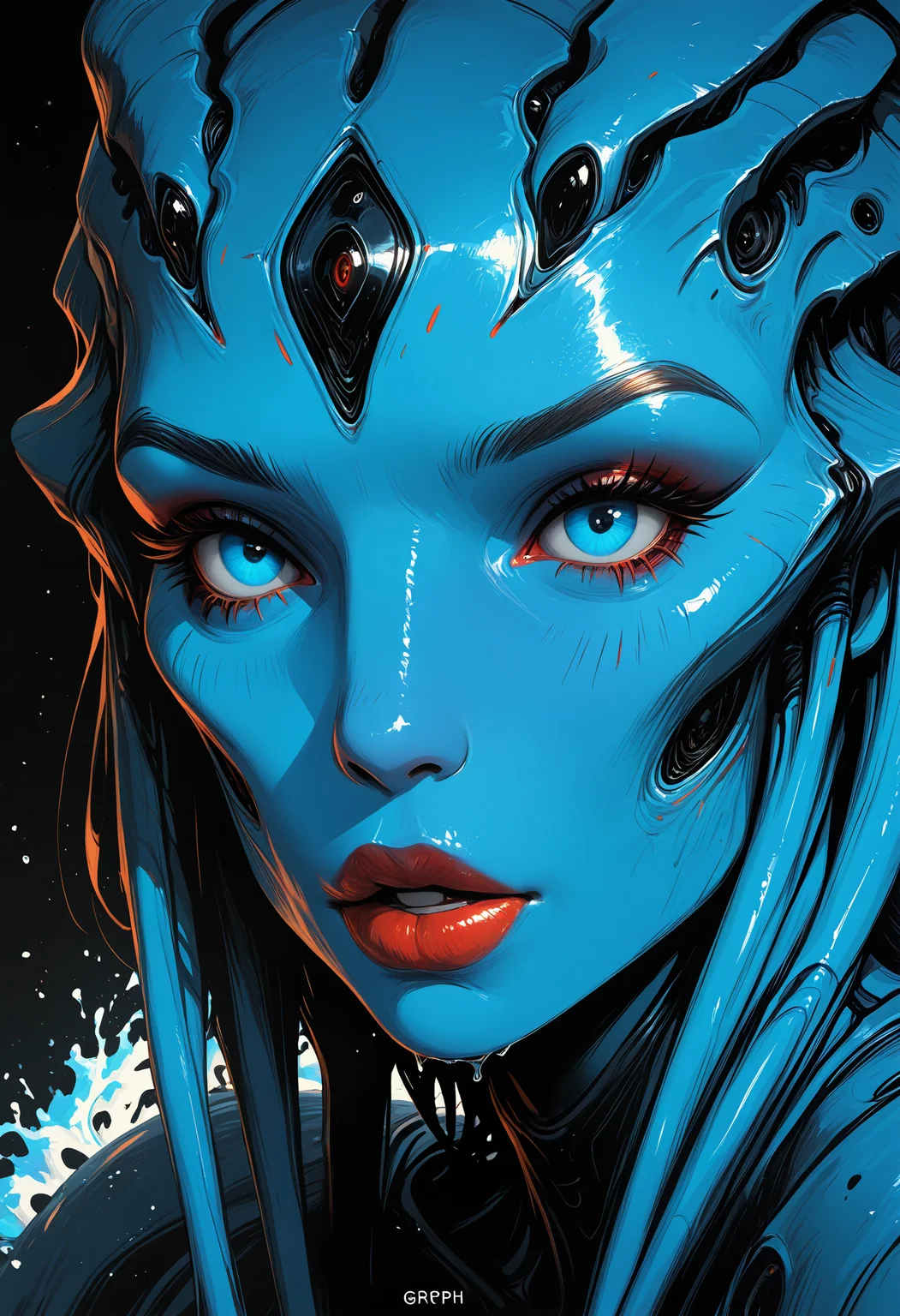 masterpiece, best quality, good quality, very awa, very aesthetic, absurdres, newest, 1girl, solo, open_mouth, blue_eyes, simple_background, water, eyelashes, lips, makeup, colored_skin, watermark, black_background, portrait, close-up, blue_skin, nose, realistic, red_lips, alien, abstract, ink drawing, opill, gr4ph1t3,