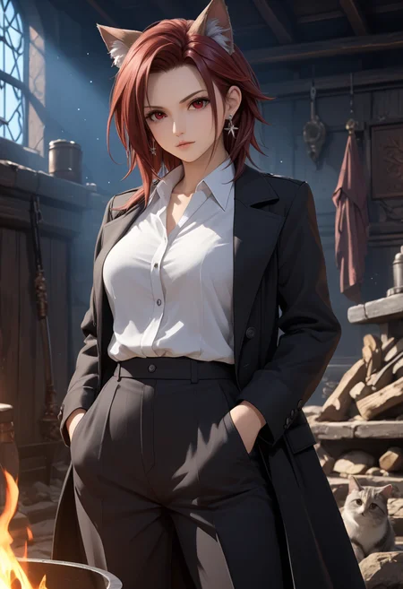 score_9, score_8_up, score_7_up, score_6_up, dynamic, (anime, masterpiece), best quality, (8k), detailed background, sharp focus, intricate, ambient lighting, super high quality, hyper detailed background, cinematic lighting, mature, embedding:zPDXLxxx, final fantasy, ffVII, cissnei, cat ears, gently tousled dark red hair, striking auburn eyes, piercing gaze, quicksilver reflexes, silver earring glinting, intelligent and cunning persona, 1girl, dressed , an immaculate white button-up shirt tucked beneath a long black tailored coat complemented by straight-leg slacks ,  Leaning against the wall foot flat against it ,  Rugged campfire circle under the stars, addDetailXl.MLUV, (Nyaomi:0.25), Expressiveh<lora:cissnei-ff-richy-v1.safetensors:0.75:0.75> <lora:Expressive_H-000001.safetensors:1.0:1.0> <lora:Nyaomi.safetensors:0.25:0.25> <lora:addDetailXl.MLUV.safetensors:1.0:1.0>