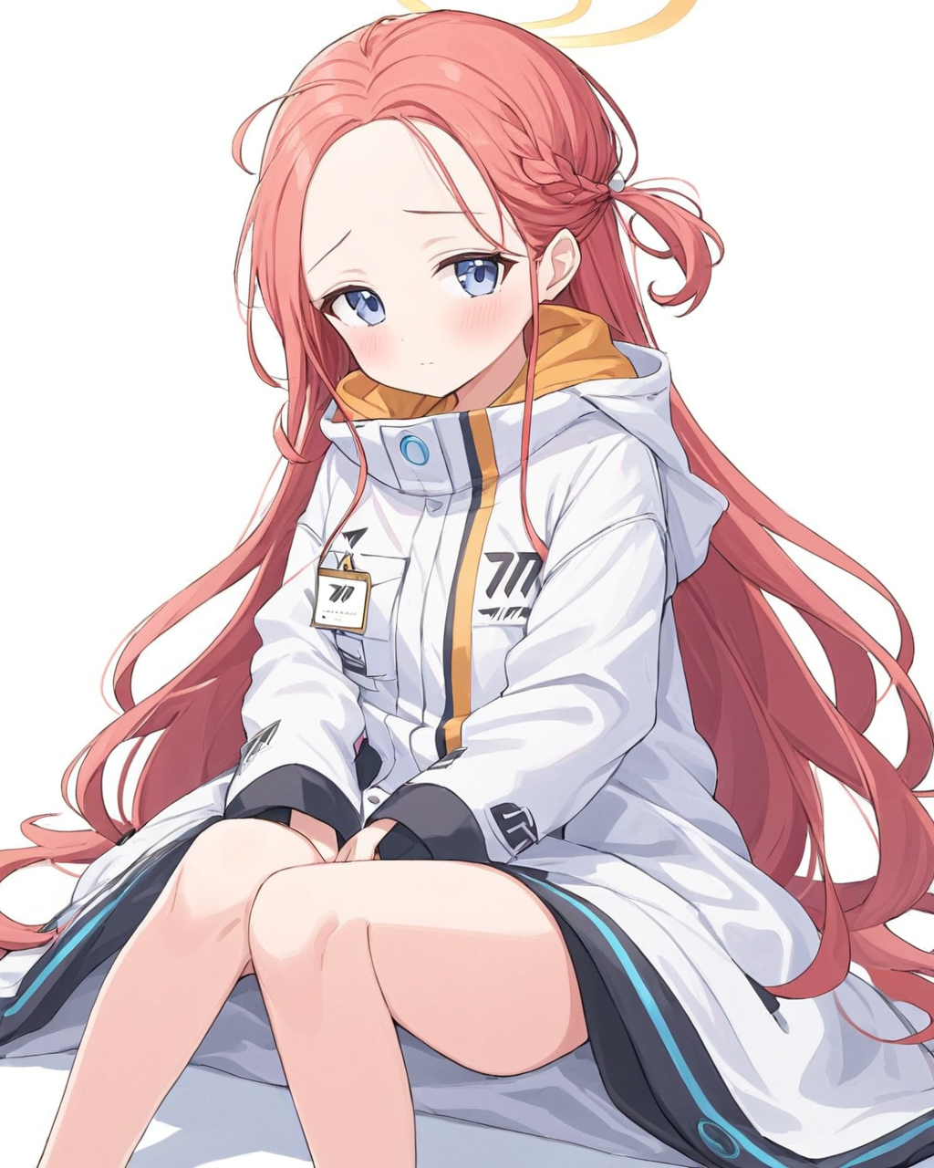 yuzu \(blue archive\),1girl, solo, halo, blush, white_background, simple_background, oversized_clothes, sitting, white_jacket, forehead, long_sleeves, white_coat, sleeves_past_wrists, id_card
<lora:yuzu_(blue_archive)_image343_2023-11-18_spv-000035:1>. gorgeous,key visual, vibrant, studio anime,award-winning, professional, highly detailed,high budget, cinemascope