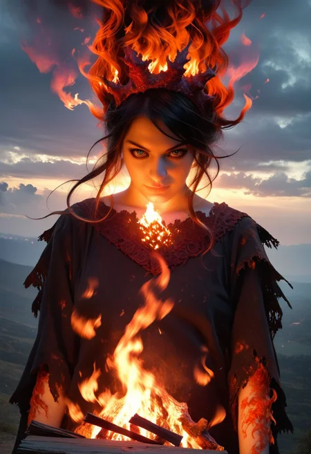 realistic, photographic, real life, analog style, raw photo, masterpiece, best quality, (highly detailed skin), wide shot, from above eyes view, (a monster girl, fire elemental girl), eyes with fire, hair in fire, fire aura, conjuring a fireball, scenery, cinematic lighting, volumetric lighting