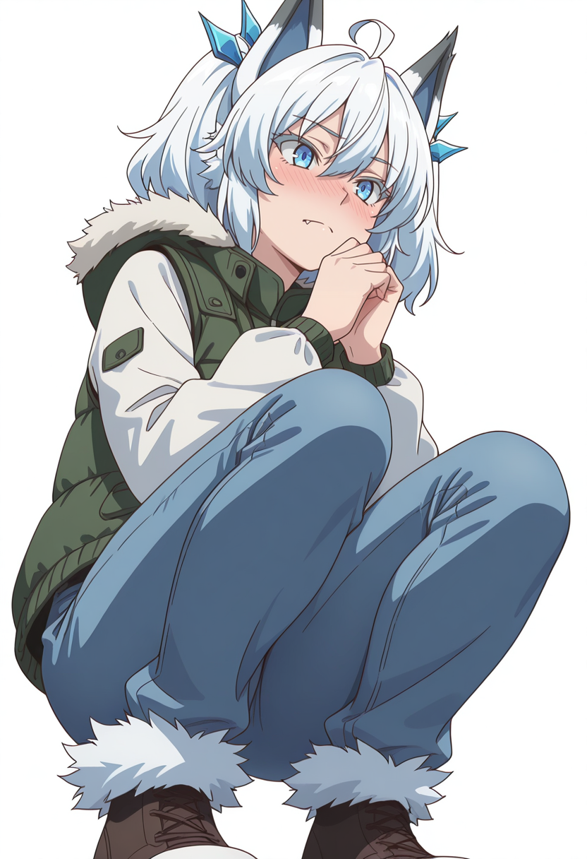 Smooth Quality,masterpiece,very intricate, high quality details, ultra realistic, high detailed skin,detailed enviorement,absurdres,
simple background, white background, 
from below,crouching, hands together, foot forward, intense, ready,  ,nose blush,
vest, ,puffer jacket,  ,flared pants,  ,
 <lora:Setsuna_cnn:0.8>setsunacnn,1girl, short hair, hair between eyes,blue eyes, white hair, ahoge, twintails, fang,fur trim,