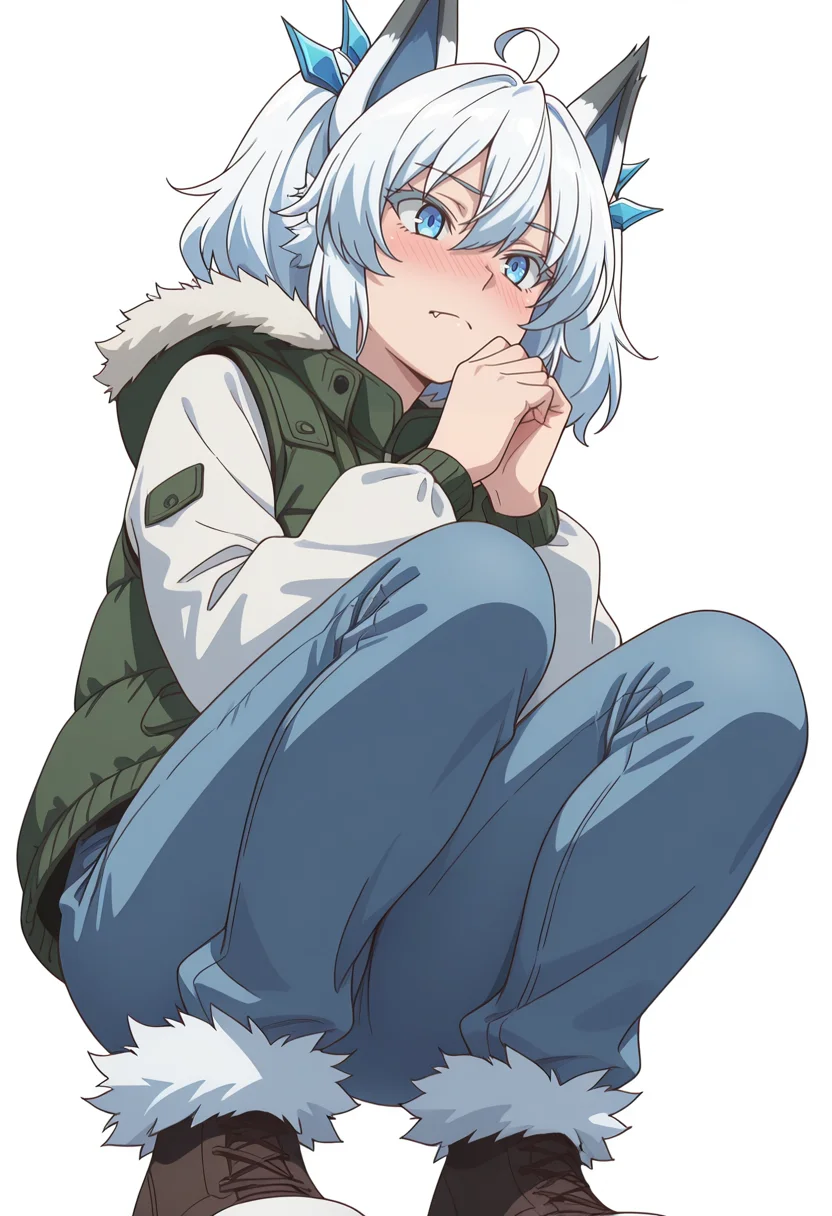 Smooth Quality,masterpiece,very intricate, high quality details, ultra realistic, high detailed skin,detailed enviorement,absurdres,
simple background, white background,
from below,crouching, hands together, foot forward, intense, ready, ,nose blush,
vest, ,puffer jacket, ,flared pants, ,
<lora:Setsuna_cnn:0.8>setsunacnn,1girl, short hair, hair between eyes,blue eyes, white hair, ahoge, twintails, fang,fur trim,