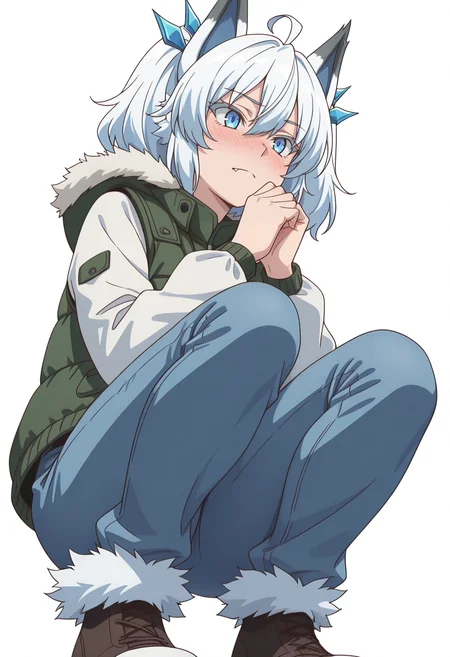 Smooth Quality,masterpiece,very intricate, high quality details, ultra realistic, high detailed skin,detailed enviorement,absurdres,
simple background, white background,
from below,crouching, hands together, foot forward, intense, ready, ,nose blush,
vest, ,puffer jacket, ,flared pants, ,
<lora:Setsuna_cnn:0.8>setsunacnn,1girl, short hair, hair between eyes,blue eyes, white hair, ahoge, twintails, fang,fur trim,