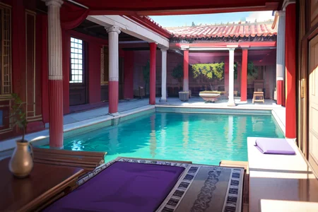 highly insanely detailed, masterpiece, top quality, best quality, highres, 4k, 8k, RAW photo, (very aesthetic, beautiful and aesthetic),  
Ancient Roman Interior Design,RomInt,pool, 
<lora:RomanInterior-10:0.6>, 
(1girl:1.3), 
1other, 
, 
, 
, 
floating platforms,floating buildings,rich purple background, 
scenery,âââ