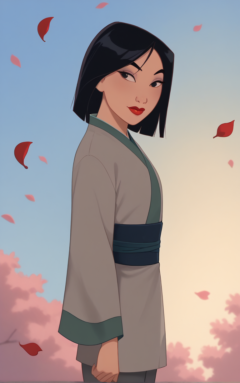 score_9, score_8_up, score_7_up, looking at viewer,  BREAK
GreyDressMediumHair_Fa_Mulan_ownwaifu, 
1girl, black hair, black eyes, medium hair, bangs, red lips, lipstick, dark skin, dark-skinned female, makeup,
grey dress, long sleeves, japanese clothes, green kimono, grey pants,
(contrapposto, from side, looking down, cowboy shot), falling petals, red petals, simple background, bokeh,  <lora:PONYXL_Fa_Mulan_Movie_ownwaifu:0.85>, solo,
