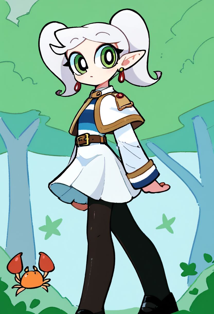 <lora:powerpuff_girls_Kim_Crab_style:1>powerpuff <lora:ChamFrierenPonyXL:1> Frieren,green eyes,white hair, very long twintails, earrings, small chest, flat, white capelet, striped shirt, long sleeves, belt, white skirt, black pantyhose, Score_9, Score_8_up, Score_7_up, Score_6_up, Score_5_up, Score_4_up, BREAK,1girl in full growth, best quality, masterpiece, ultra-detailed, high quality,good quality,1 girl,(master piece,high resolution, ultra detailed,8K,16K),look at viewer, parted bangs, thin long twintails down passed butt, stringy hair, extra long ears, walking, skipping, outdoors, forest trail, sunny day, flowery bushes