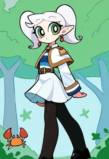 <lora:powerpuff_girls_Kim_Crab_style:1>powerpuff <lora:ChamFrierenPonyXL:1> Frieren,green eyes,white hair, very long twintails, earrings, small chest, flat, white capelet, striped shirt, long sleeves, belt, white skirt, black pantyhose, Score_9, Score_8_up, Score_7_up, Score_6_up, Score_5_up, Score_4_up, BREAK,1girl in full growth, best quality, masterpiece, ultra-detailed, high quality,good quality,1 girl,(master piece,high resolution, ultra detailed,8K,16K),look at viewer, parted bangs, thin long twintails down passed butt, stringy hair, extra long ears, walking, skipping, outdoors, forest trail, sunny day, flowery bushes