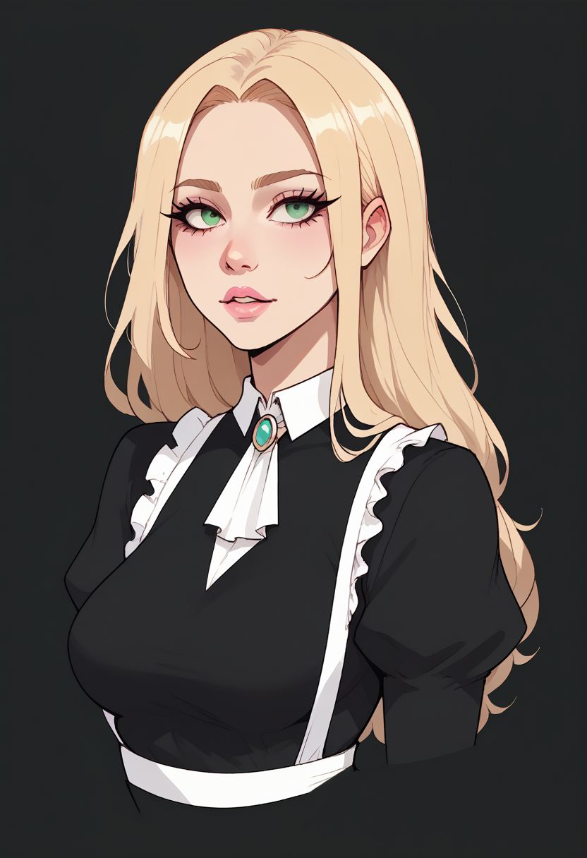 score_9, score_8_up, score_7_up,<lora:Jouste_v.0.5:1> jou5te, black outlines, dark green backgroud, sfw,
upper body, portrait, 1girl, 18 years old, skinny thighs,  cute, eyelashes, firm breasts, petite girl, pretty girl, long hair, blonde hair, makeup, medium breasts, parted lips, pink lips, eyeliner, maid