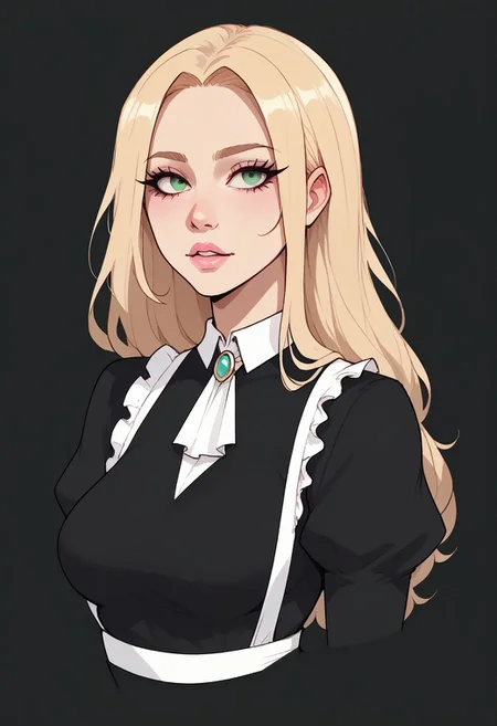 score_9, score_8_up, score_7_up,<lora:Jouste_v.0.5:1> jou5te, black outlines, dark green backgroud, sfw,
upper body, portrait, 1girl, 18 years old, skinny thighs, cute, eyelashes, firm breasts, petite girl, pretty girl, long hair, blonde hair, makeup, medium breasts, parted lips, pink lips, eyeliner, maid