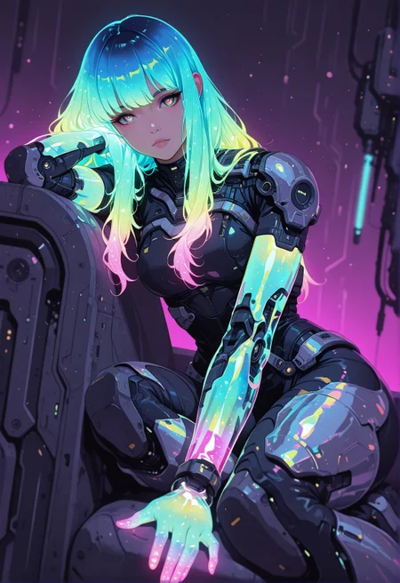 <lora:ck-shadow-circuit-IL:0.78>,
masterpiece, best quality, good quality, very aesthetic, absurdres, newest, 8K, depth of field, focused subject,
dynamic angle, dutch angle, wabi sabi, 1girl, holographic skin, holofoil glitter, faint, glowing, ethereal, neon hair, glowing hair, long hair, looking at viewer, relaxing, sci-fi
<lora:MoriiMee_Gothic_Niji_Style_Illustrious_r1:0.45>
<lora:ck-nc-cyberpunk-IL-000011:0.4>
<lora:ck-neon-retrowave-IL:0.8>