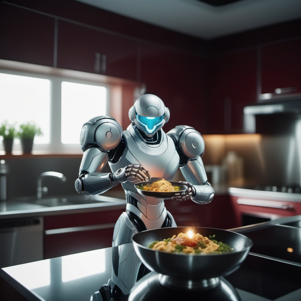 cinematic photo a robot cooking in a kitchen, detailed hands <lora:Metroid1024:0.7> . 35mm photograph, film, bokeh, professional, 4k, highly detailed