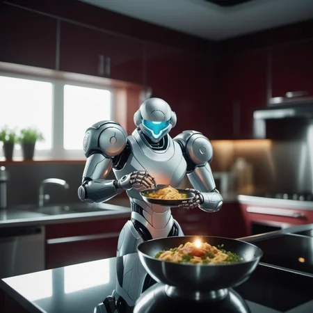 cinematic photo a robot cooking in a kitchen, detailed hands <lora:Metroid1024:0.7> . 35mm photograph, film, bokeh, professional, 4k, highly detailed
