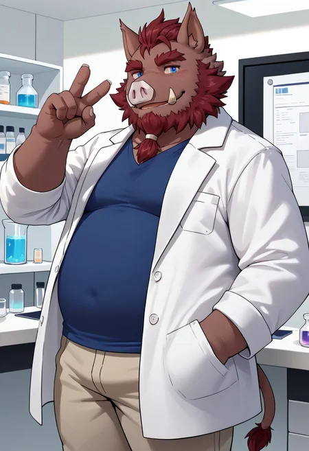 score_9, score_8_up, score_7_up, 0swinvn, boar, (dark red body), blue eyes, chubby, long boar tail, furry body, solo, 1boy, extremely expressive, white lab coat, blue shirt, badge pants, peace gesture, ((expressive smile)), sexy expression, bedroom eyes, lab, science lab, holding vial, , hi res, detailed eyes, eyes focus, big iris, 4k perfect eyes, perfect face, 5fingers, best artwork, highly detailed