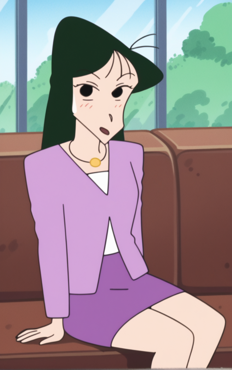 score_9, score_8_up, score_7_up, looking at viewer,  BREAK
Jacket_UmeMatsuzaka_ownwaifu,  
1girl, green hair, straight hair, long hair, jewelry, necklace, black eyes, bangs, 
long sleeves, skirt, shirt, purple shirt, collared shirt, sweater, turtleneck, dress, purple dress, purple skirt, 
retro artstyle, style parody, 
(sitting, spread legs), arms behind back, couch, window shade, indoors, <lora:PONYXL_ShinChan_UmeMatsuzaka_ownwaifu:0.95> , depth of field, solo,