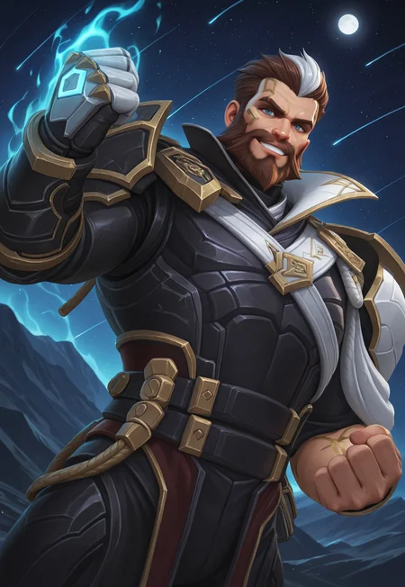 masterpiece, best quality, amazing quality, SentinelGraves, two-tone hair, white hair, brown hair, short hair, blue eyes, muscular, facial hair, beard, gold marks on right side of face, aiguillettes, pauldrons, armor, gold marks on arms, upper body, gauntlet on right hand, belt, dynamic pose, looking at viewer, smile, detailed background, sci fi, stars, mountain range, night, dutch angle, striking a pose, shooting stars, bloom, glowing blue aura, moon,