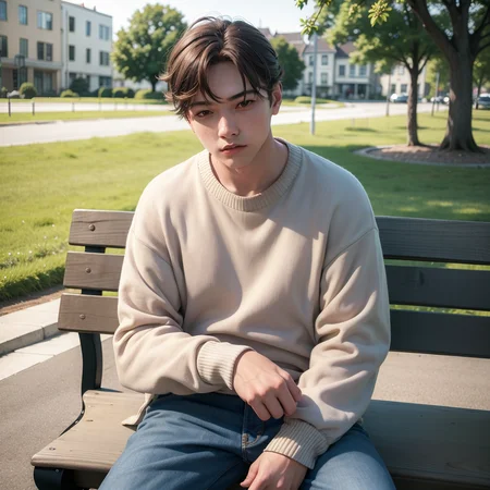 masterpiece, absurdres, high quality, realistic,
1boy, sweater, sitting,
outdoors, park, bench, sunlight