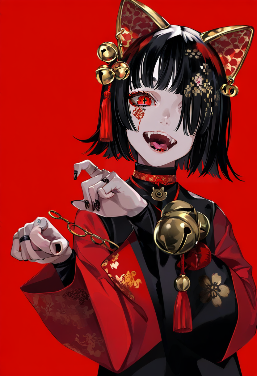 1girl, red background, solo, bell, black hair, black nails, red eyes, fangs, open mouth, ring, animal ears, short hair, looking at viewer, long sleeves, jewelry, simple background, bangs, tongue, jingle bell, upper body, cat ears, tassel, smile, wide sleeves, fake animal ears, facial mark, nail polish, one eye covered, hair over one eye, chinese clothes <lora:LAMXL_NBVP1_lokr_V6311PZ:0.95>