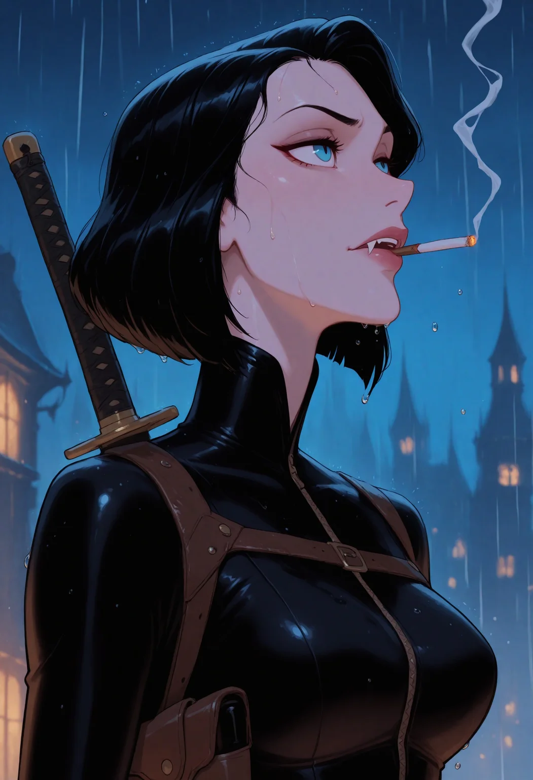 mature female, (milf), 1girl, (adult), ((vampire)), ((fangs)), parted plum lips, (short_bob_cut), wispy_bangs, (black_hair), forehead, (blue_eyes), black_bodysuit, (leather shoulder_holster), small_breasts, pointy_breasts, (fully_clothed), (smoking), (smoking_cigarette), disdain, (katana), ((sword_on_back)), wet skin, wet hair, raindrops, large_hips, upper_body, moonlight, night time, raining, outdoors, cityscape, dramatic_lighting, dim_lighting, low-key_lighting, raindrops, natural_lighting, looking up, framevault, masterpiece, best quality, good quality, very aesthetic, newest, vidcap_3378.png, 8K, ultra-HD, stills archive, dsny2, , <lora:6c320146-bd7d-4de8-a4ea-e3a3c9f106ae:0.9>