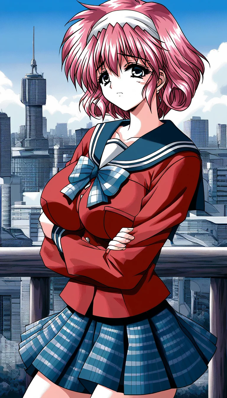 score_9, score_8_up, score_7_up, source_anime, rating_explicit, BREAK  <lora:Umemiya_Yuzuru_XL:1> UmemiyaYuzuru, pink hair, hairband, short hair, large breasts, red hair, blue eyes,
school uniform, checked skirt,  dark red long sleeve,
looking at viewer, 
sad, closed mouth, v arms, cowboy shot, day, outdoors, city, building