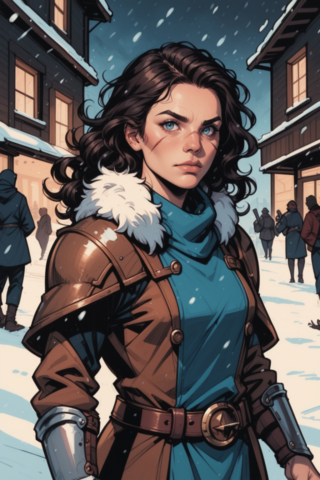 1girl, long hair, , solo focus, blue eyes, blurry, looking at viewer, black hair, snow, belt, blurry background fur trim, fire, outdoors, armor, coat, magic, snowing, depth of field, wavy hair, brown hair, nose, holding, weapon, curly hair, fingernails, solo, artist name, upper body, vambraces, reaching, long sleeves, crowd, closed mouth, parted  signature, scar, standing, city, people, glowing, bracer,, zPDXL3, detailxl,  Score_PnyReal,