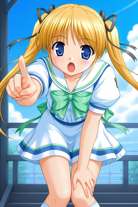 masterpiece, best quality, absurdres, official art, official style, rating generael BREAK <lora:shibugakimatsuri_IL_v1-3:0.7>, shibugaki matsuri, 1girl, solo, blonde hair, blue eyes, very long hair, bangs, twintails, hair ribbon, black ribbon, small breasts BREAK summer uniform, school uniform, serafuku, sailor dress, white sailor collar, green bowtie, collarbone, white dress, white shirt, puffy short sleeves, emblem, arm ribbon, green ribbon, waist ribbon, blue ribbon, white skirt, miniskirt, blue line skirt, stripe socks, white socks, purple socks, multicolored legwear, blush, smile, open mouth, :o, pointing at viewer, foreshortening, looking at viewer, standing, close-up, cowboy shot, leaning forward, outdoors, cloud, day, blue sky