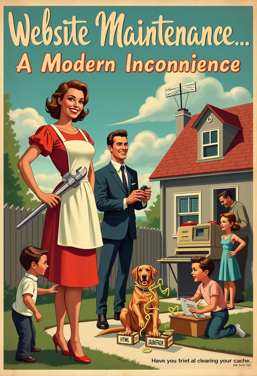 Image macro meme, single panel format, retro 1950s advertising style, text overlay "WEBSITE MAINTENANCE: A MODERN INCONVENIENCE", scene depicting:
Smiling housewife character in apron, holding giant wrench and computer mouse
Husband figure in suit, comically tangled in long strand of spaghetti-like code
Children playing with building blocks labeled "HTML", "CSS", and "JavaScript"
Family dog chewing on a floppy disk
Retro-futuristic computer in background with "MAINFRAME" label, spewing punch cards
Antenna on roof beaming out "404 ERROR" in radio waves
Mailman delivering oversized envelope marked "PATCH UPDATE"
Neighbor peering over fence, speech bubble: "Have you tried clearing your cache?"