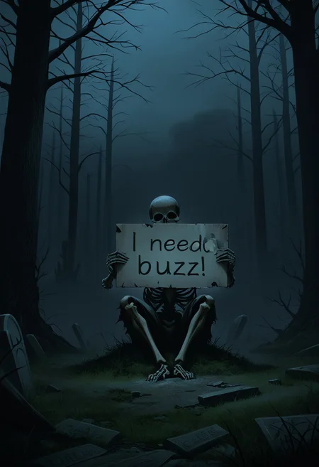 (masterpiece), (best quality), (4k), skeleton, sitting on old grave, holding placard sign, "I NEED BUZZ!" text, graveyard at night, overgrown grass, crooked tombstones, misty ground, foggy atmosphere, broken headstones, dead trees, cobwebs, moonlight glow, sad but funny, dark comedy, existential humor, ironic tone, cinematic composition, soft moonlight, rim lighting, volumetric fog, lonely vibe, depressing comedy, ambient occlusion, dramatic shadows, centered composition, medium shot, side angle, photorealistic details, soft focus, storytelling scene, melancholic tone, grainy texture, gloomy sky, faded flowers, night setting, dry humo, need_buzz, holding sign