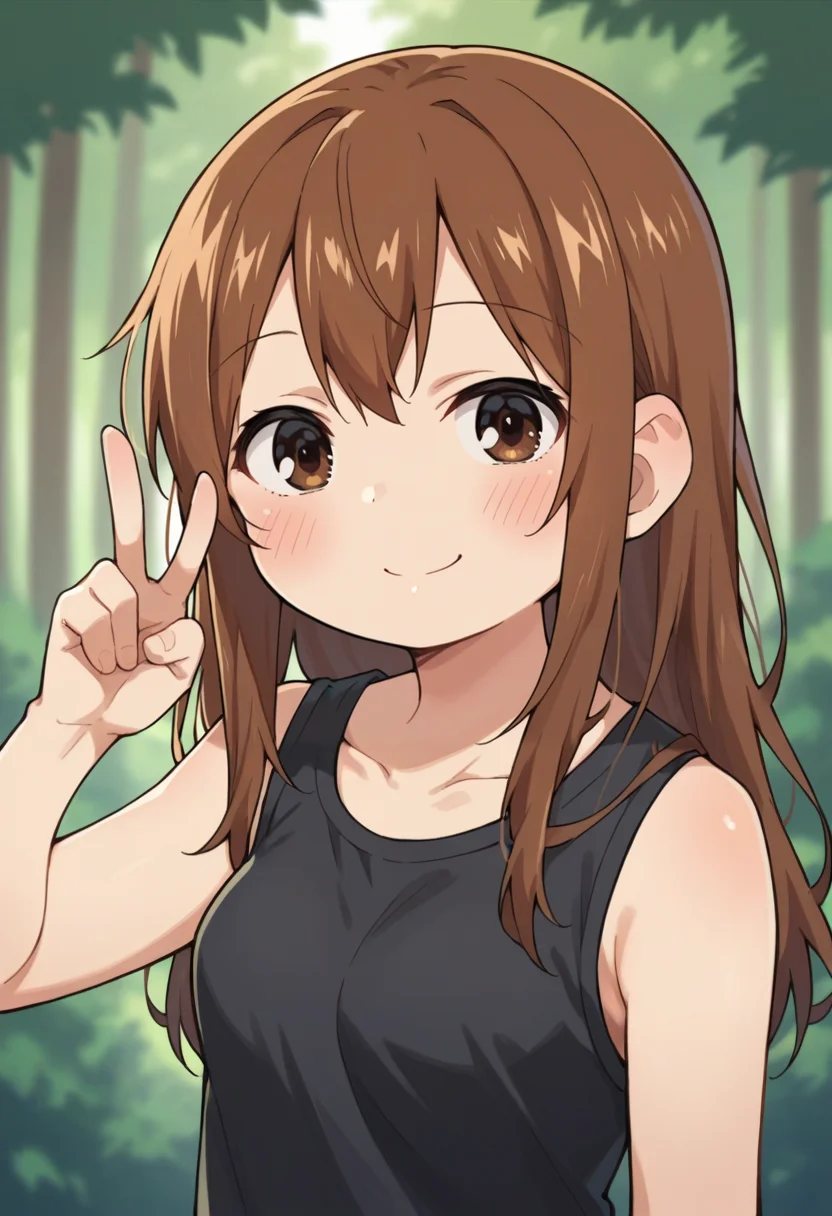 score_9, score_8_up, score_8, source_anime, 1girl, chibi, <lora:Miyashita:0.75> solo, brown eyes, brown hair, long hair, loose hair, black shirt, sleeveless, blush, smile happy, looking at viewer, v sign,
forest background, blurry background,