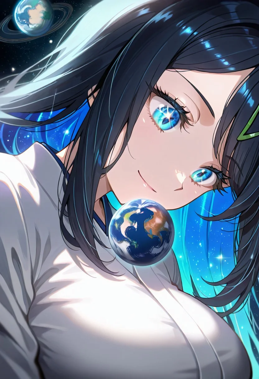 score_9, score_8_up, score_7_up,source_anime, 1girl, adult, women, aaliko, long hair, black hair, colored inner hair, hairclip, blue eyes, kimono dress, eyelashes, big breasts, (facial expression, calm, light smile, looking down, head tilt, soft eyes), sparkling eyes, glitter eyes, dreamlike atmosphere, glowing edges, mystical, high contrast, ethereal light, light particles, gl0w, glow, detailed eyes, high definition eyes, blurry foreground, giantess, (planet size: 2.0), masterpiece, best quality, absurdres, ultra detailed, side view,