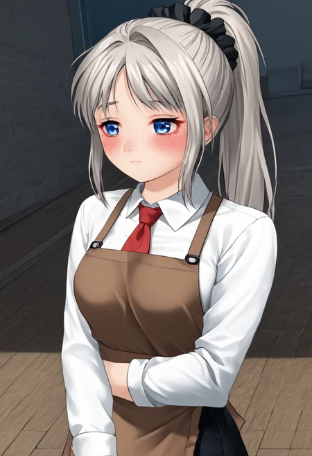 score_4,score_5,score_6,score_7_up,score_8_up,score_9
JSK Studio,Multiview,
((masterpiece,best quality,ultra detailed,highres,HD,4k:1.2)),
Hina,1 cute girl,solo, Silver hair, blue eyes, ponytail, black scrunchie, medium breast,
white shirt, long sleeve shirt, red tie, black skirt, apron, brown apron, 
Expressionless, blush,