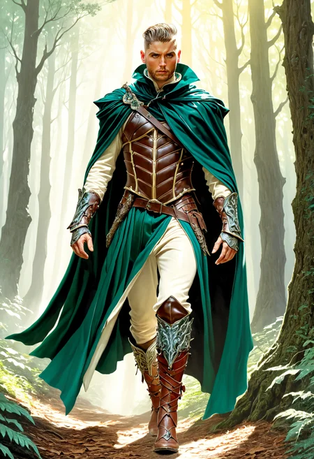 <lora:patrick_henning_sdxl_v1:0.8> male focus, patrickhenning, <lora:HyperdetailedColoredPencilV2:0.75>, ArsMJStyle, Colored pencil hyperdetailed realism, forest guardian mid-stride patrolling enchanted woods, detailed styled undercut hairstyle, dynamic full-body walking pose, intricately detailed leather armor, emerald cloak flowing naturally behind him, vigilant expression, lush vibrant forest background with twisting paths, sunlight beams creating dramatic depth, subtle mist enveloping distant trees, cinematic composition