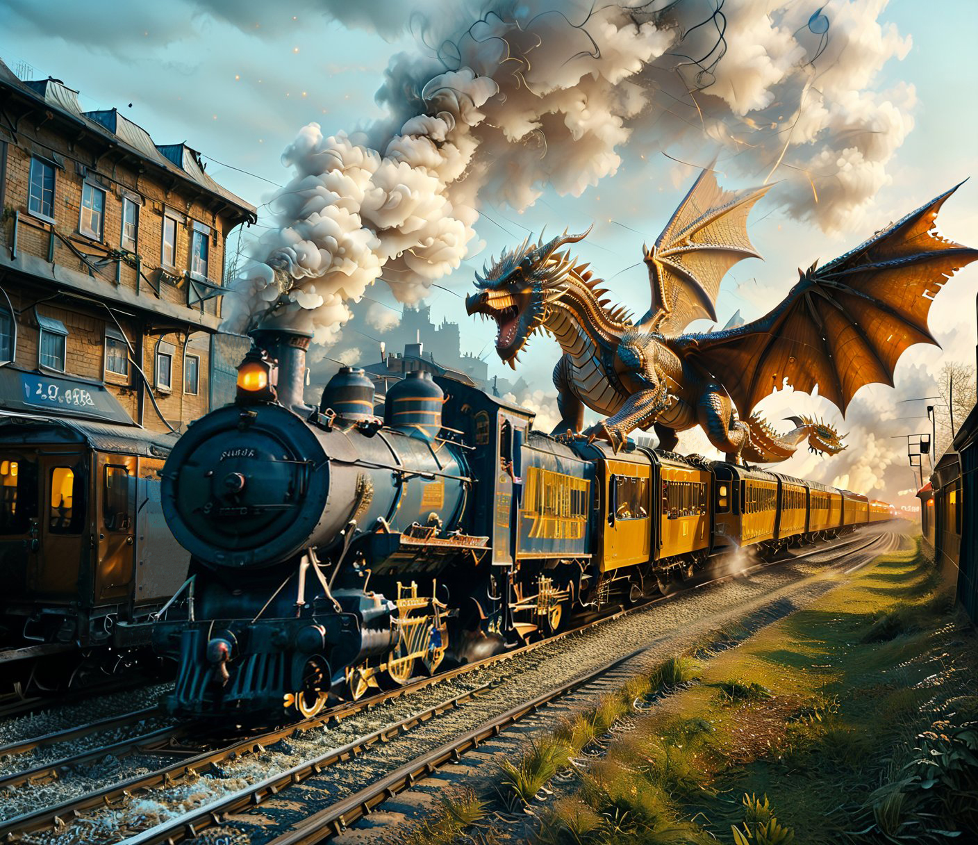 A breathtaking fantasy scene, with a majestic dragon racing alongside a vintage train in the night. The dragon's wings are spread wide as it races near the train, while the train emits smoke from its chimney. The intricate details of both creatures are captured in this hyper-realistic oil painting by artists Thomas Moran and Rembrandt. The dark blue night sky adds to the intensity of the scene, making it a perfect addition to any concept art collection.
 <lora:000_detailed_notrigger:1>, 
(dark sky theme), (Dark night theme), (dark night sky:1.3), (stars:1.3), (foggy night:1.5), (dark night:1.3), (cloudy:1.3), (darkness:1.3), (A crescent moon in the sky), 
 <lora:sinfully_stylish_SDKL:1> sinfully, dark dramatic lighting, shadows, 
 <lora:MJ52:0.8> detailed, realistic, photo, cinematic, photography, 
 <lora:DonM3t3rn1tyXL-v1.1:0.8> DonM3t3rn1tyXL, (Outdoors), train station, (railway platform, rails, vintage steam train, tunnel, cypresses, tunnel, smoke from a steam train pipe),
 <lora:SDXLFaeTastic2400:1> realistic, 
BREAK
.
BREAK
<lora:Steam_Engine_Train_-_Locomotive:0.6> steam engine train, locomotive, smokestack, railroad tracks, smoke, (no humans),
BREAK
 <lora:DragonPonyLora:1.0> (dragon:1.5), teeth, sharp teeth, open mouth, wings, monster, scales, horns, claws, tail, spikes, (2 spreaded dragon wings), running, fast, run, run fast, (running fast:1.5), (Running a race with a train:1.5), (Running a race with a train:1.5), (Running a race with a train:1.5), (Running a race with a train:1.5),
