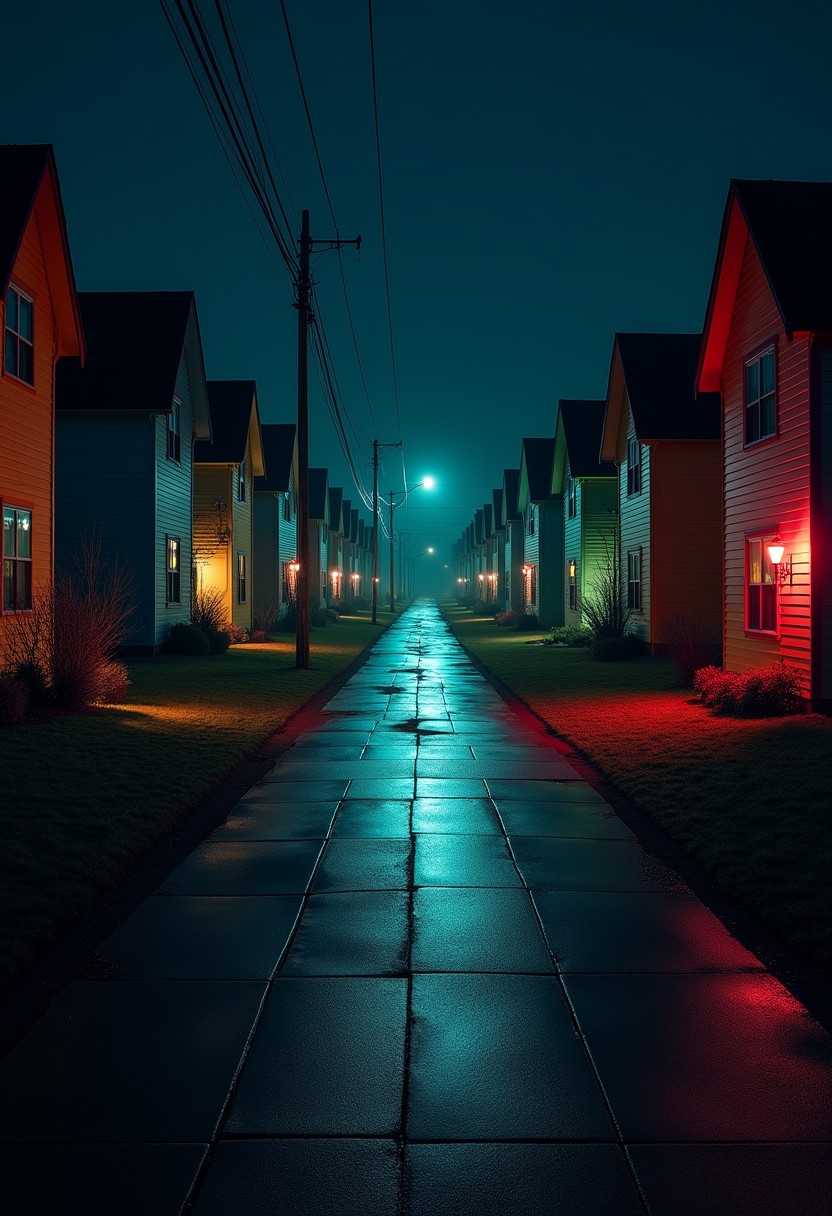 a backroom concept view of a infinite street at night, with giant colored houses on sides repeating pattern infinitely straight forward  like in a mirror,
the sky is perfectly black, lots of contrast between lights from windows and ambient darkness.
Strange feeling of nightmare.