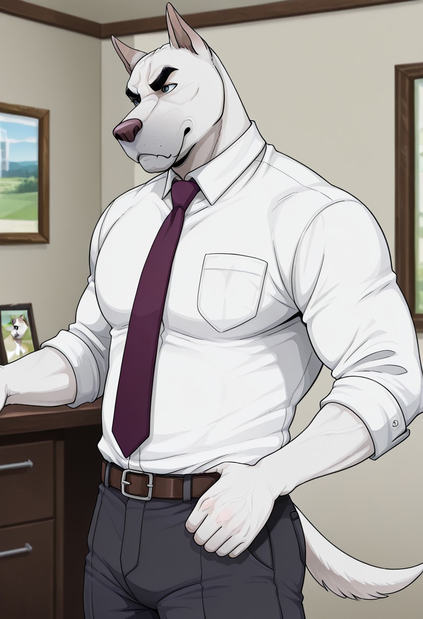 score_9, score_8_up, score_7_up, score_6_up, score_5_up, score_4_up, solo, 1boys, detailed background, detailed face, dog tail, dog, gray nose, Emery Walden, 2d, jackaloo style, serious expression, thick, white body, muscular, white shirt, tie, jacket, trousers