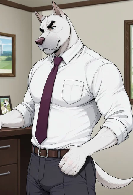 score_9, score_8_up, score_7_up, score_6_up, score_5_up, score_4_up, solo, 1boys, detailed background, detailed face, dog tail, dog, gray nose, Emery Walden, 2d, jackaloo style, serious expression, thick, white body, muscular, white shirt, tie, jacket, trousers