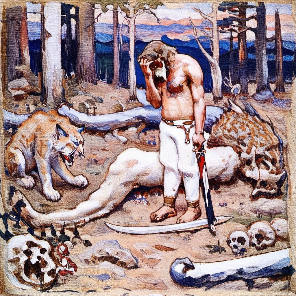 a painting of a man with a lynx, 1boy, male focus, topless male, traditional media, skull, pants, sword, weapon, regret, agk_akseligallen-kallela_-_kalevala