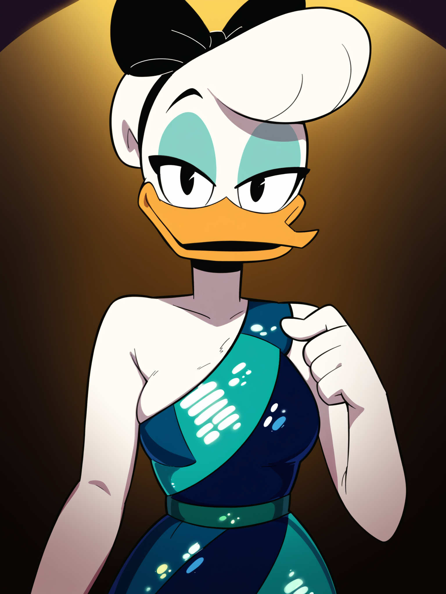 score_9, score_8_up, score_7_up, score_6_up, best quality, highres, source_furry, masterpiece, BREAK ppp BREAK
1girl, female, solo, stage lights, concert, female, daisy, duck, beak, white skin, white body, white hair, black eyes, breasts, looking at viewer, round bangs, hair bun, centered hair bow, sequin dress, blue eyeshadow, one strap <lora:Drockdraw_Style:0.7>  <lora:Daisy_Duck3:0.9>