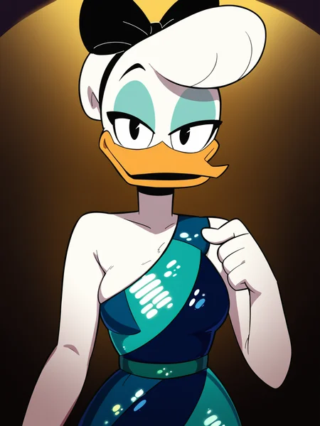 score_9, score_8_up, score_7_up, score_6_up, best quality, highres, source_furry, masterpiece, BREAK ppp BREAK
1girl, female, solo, stage lights, concert, female, daisy, duck, beak, white skin, white body, white hair, black eyes, breasts, looking at viewer, round bangs, hair bun, centered hair bow, sequin dress, blue eyeshadow, one strap <lora:Drockdraw_Style:0.7> <lora:Daisy_Duck3:0.9>