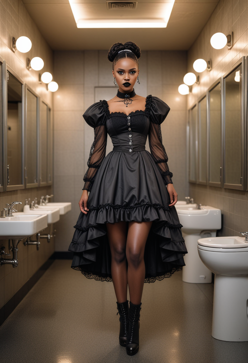 (medium full shot) of  (supermodel gothic maiden) young woman, south african, dark skin, black eyes, slim build, long brown low bun hair, wearing Victorian doll attire with a frilly dress, lace-trimmed stockings, button-up boots, Black lipstick with glitter, dramatic smoky eyes with glitter accents, winged eyeliner, pale skin, black nail polish with glitter, set in  public Toilet, Functional, no-frills space with vinyl flooring, partitioned stalls with stainless steel doors, large industrial-grade hand dryers, wall-mounted soap dispensers, central waste bin , at sunset, woman smiling at the viewer, Masterpiece,best quality, photo, realistic, very aesthetic, detailed face,
