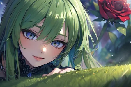(masterpiece:1.4), 4K8K, (anime style), (high shutterspeed:1.4), (sharp edges), 
SyFyEye1, FanFo, 
1woman  hands togather,  leaning foward, face focus, smile, closed mouth, 
wearing Celtic style dress, (Detailed face, Detailed eyes, Detailed lips), (solo), 
any colored roses, Fantastic, grass firld,