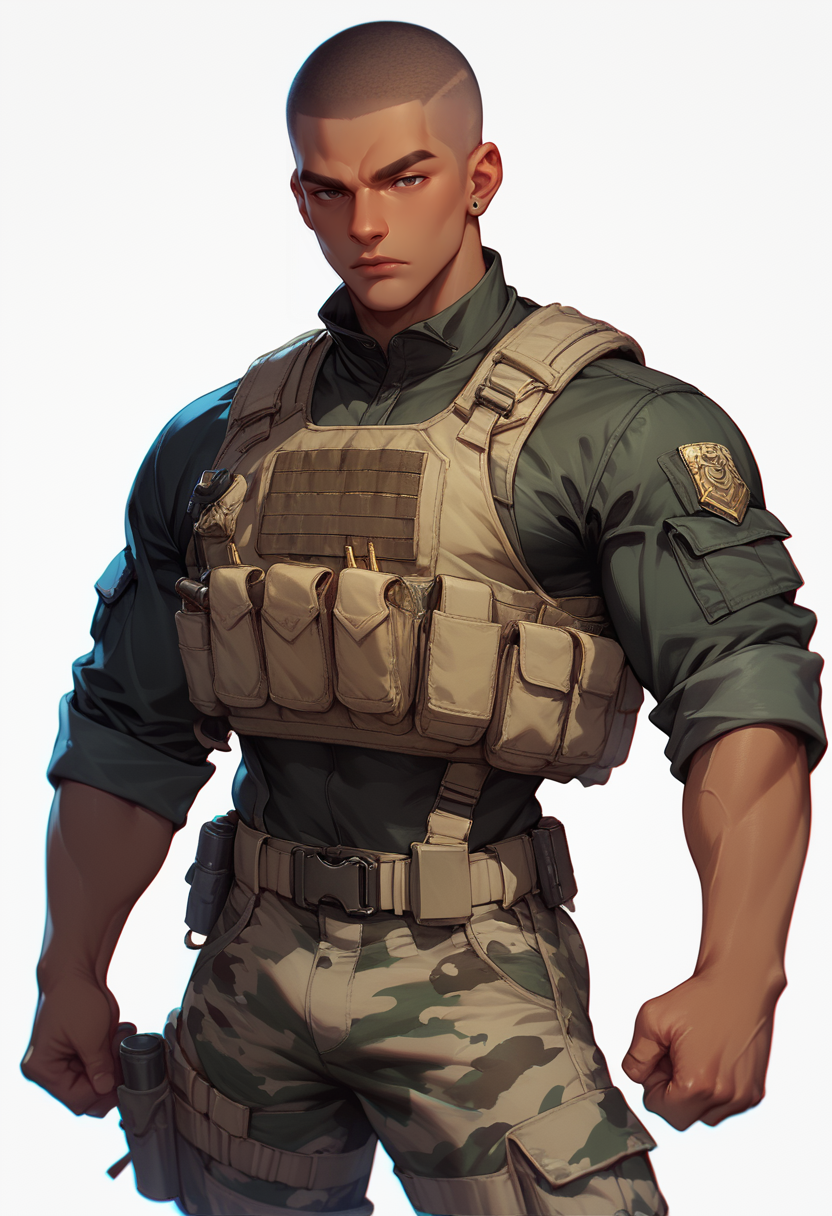 (score_9, score_8_up), score_7_up, zPDXL, short hair, simple background, shirt, 1boy, white background, male focus, pants, dark skin, uniform, military, blood, black military uniform, bullet proof vest, muscular, dark-skinned male, thick eyebrows,  muscular male, clenched hand, bara, very short hair, manly, camouflage, buzz cut, camouflage pants
<lora:warcore-000011:0.9>