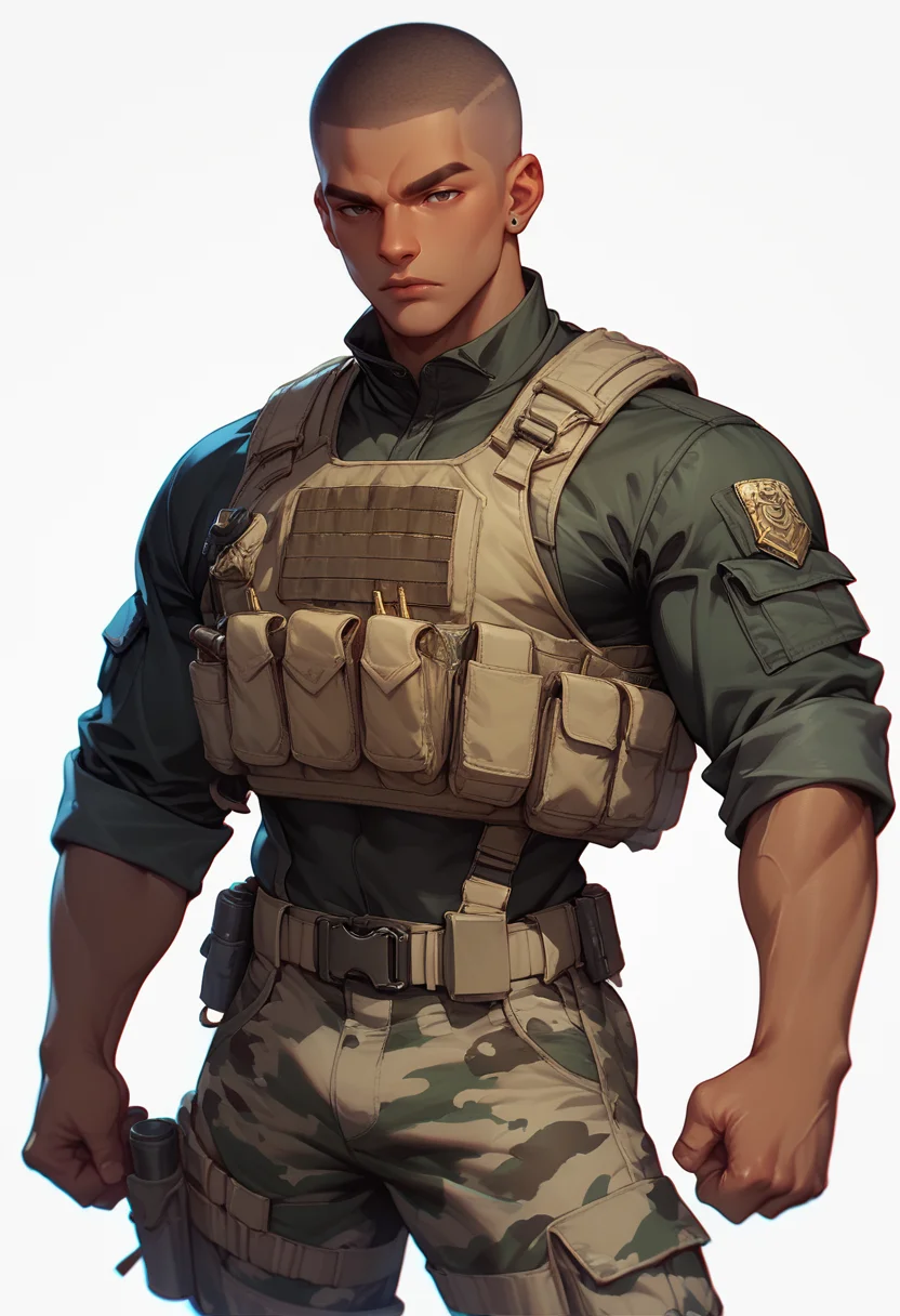 (score_9, score_8_up), score_7_up, zPDXL, short hair, simple background, shirt, 1boy, white background, male focus, pants, dark skin, uniform, military, blood, black military uniform, bullet proof vest, muscular, dark-skinned male, thick eyebrows, muscular male, clenched hand, bara, very short hair, manly, camouflage, buzz cut, camouflage pants
<lora:warcore-000011:0.9>