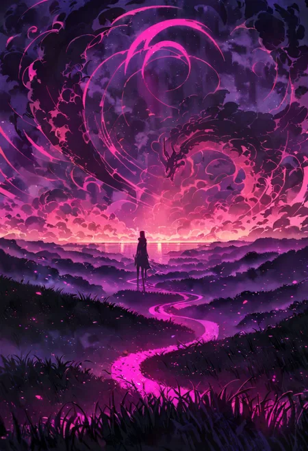 Very wide angle shot, big landscape, serene night, beautiful sky, Complex landscape, grassland, ocean, swirling mists ,ghostly apparitions. Glowing will-o'-the-wisps , hooded figure stands guard. Color temperature: Moody and deep s. Lighting: Atmosphere: goth horror. --v 5 --stylize 1000