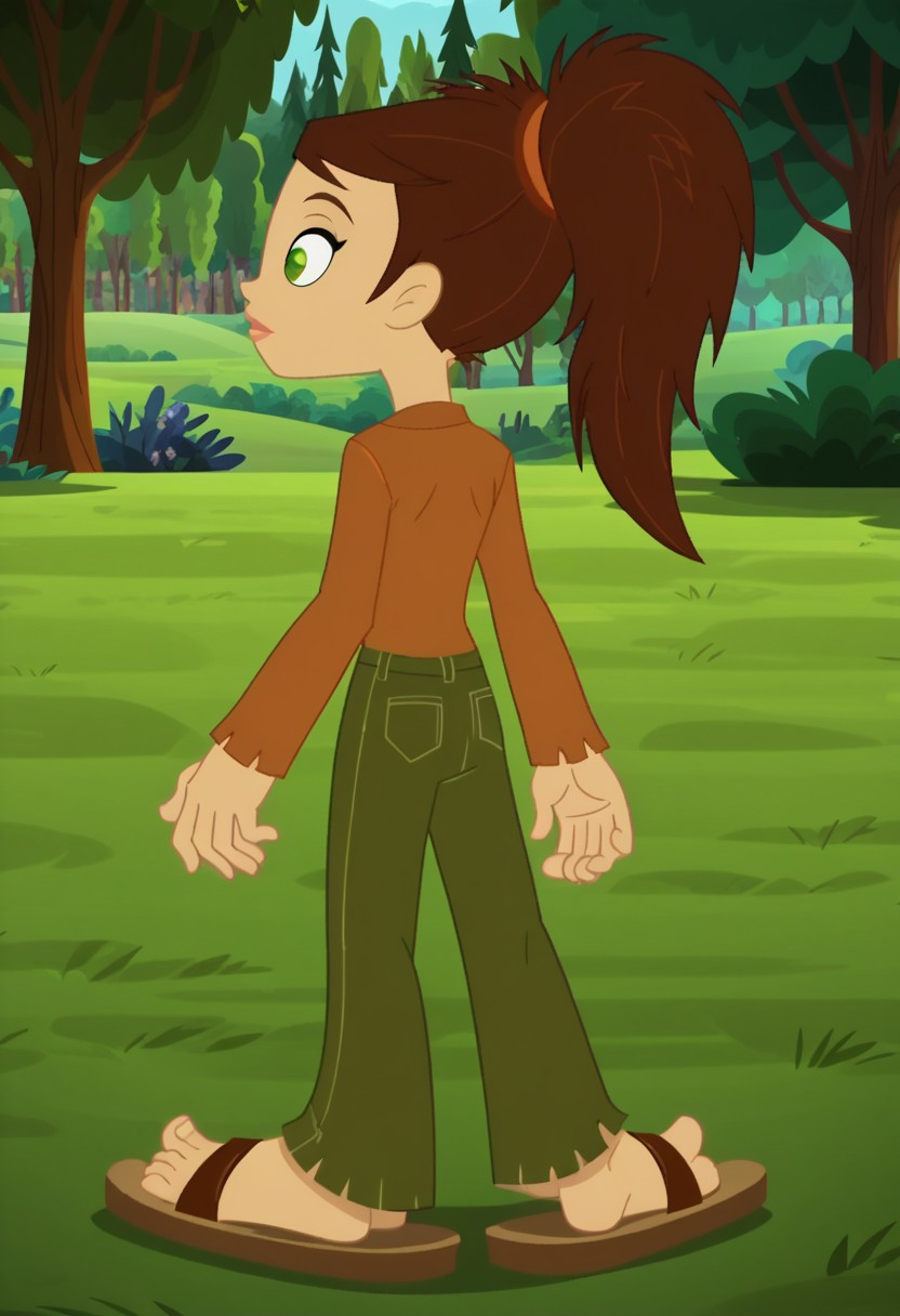 score_9, score_8_up, score_7_up, 1girl, solo,
long-sleeved brown sienna shirt, olive green pants, brown hair, green eyes, sharp ponytail, sandals
woods background,perfect hands, show accurate, perfect feet,