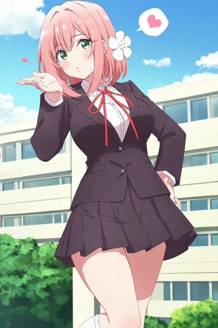 masterpiece, best quality,  absurdres, highres, cinematic light, 1girl, <lora:karane_and_hakari:1> hakari_wz, pink hair, medium hair, hair ornament, hair flower, green eyes, large breasts, school uniform, black skirt, miniskirt, pleated skirt, black blazer, white shirt, collared shirt, long sleeves, neck ribbon, red ribbon, white socks, looking at viewer, light blush, blowing kiss, spoken heart, outdoors, blue sky, cloud, school, standing, cowboy shot, safe