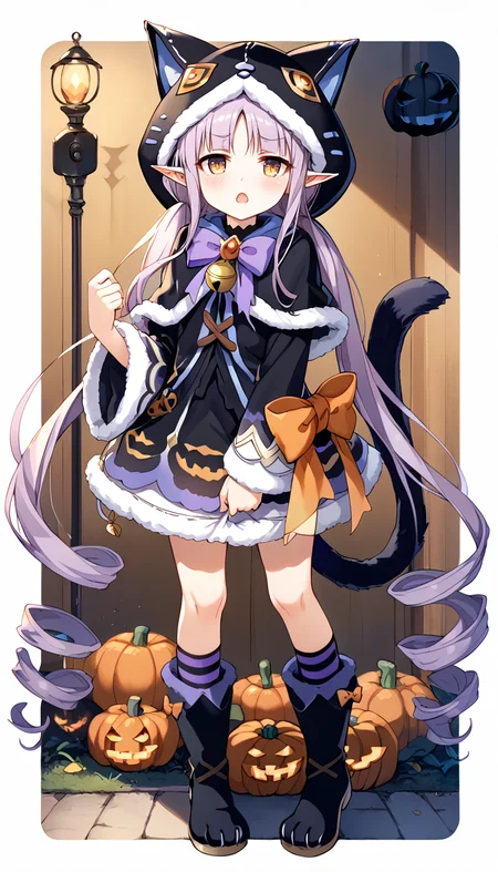 score_9,score_8_up,score_7_up,
official art,official style,game cg,megami magazine,
kyouka halloween,kyouka (halloween) (princess connect!),
animal ears,animal hood,bell,black capelet,black dress,
black footwear,black jacket,black skirt,blush,boots,bow,bowtie,brown eyes,capelet,cat ears,
cat hood,cat tail,dress,elf,fake animal ears,fur trim,fur-trimmed capelet,fur-trimmed dress,
fur-trimmed hood,fur-trimmed skirt,fur-trimmed sleeves,halloween,halloween costume,hood,hood up,
hooded capelet,kneehighs,kyoka (princess connect!),kyouka (halloween) (princess connect!),kyouka (princess connect!),
long hair,long sleeves,low twintails,open mouth,orange bow,paw shoes,pointy ears,purple bow,purple hair,
skirt,striped socks,tail,tail bow,tail ornament,twintails,very long hair,wide sleeves,yellow eyes,
1girl,solo,
standing,full body,
<lora:princess_connect_kyouka_pony_v1:1>,