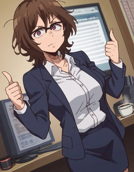 score_9, score_8_up, score_7_up, source_anime, <lora:owari-hajime-s2-ponyxl-lora-nochekaiser:1>, owari hajime, brown hair, brown eyes, glasses, over-rim eyewear, large breasts,, skirt, shirt, jacket, formal, suit, office lady,, home office, working from home, computer screen, coffee cup, focus, deadline, , looking at viewer, hand showing a thumbs up, solo,, cowboy shot, dutch angle