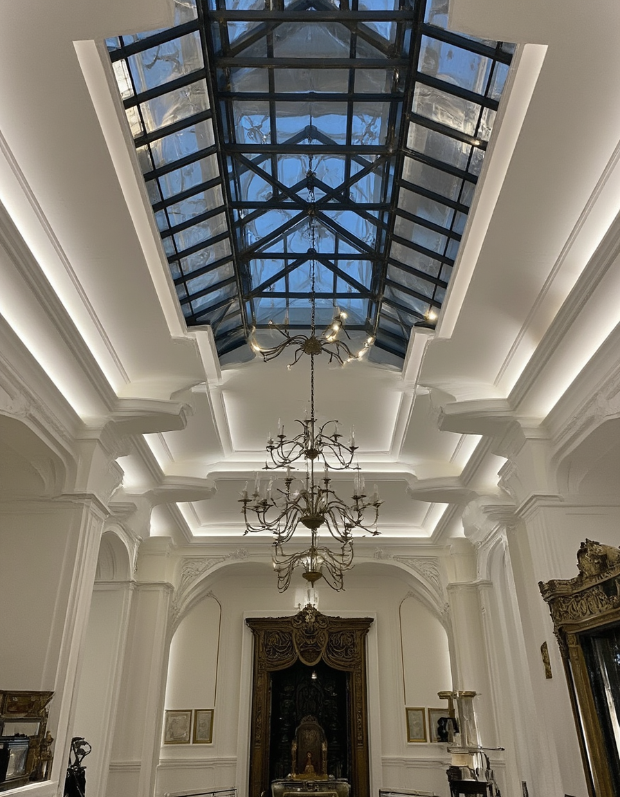 <lora:Home_R01fluxb:1> homer01, grand ceiling, sophisticated interior, neon lights, classical elegance, glass ceiling, baroque elegance, industrial style, Rococo architecture, white walls, photo, living room,